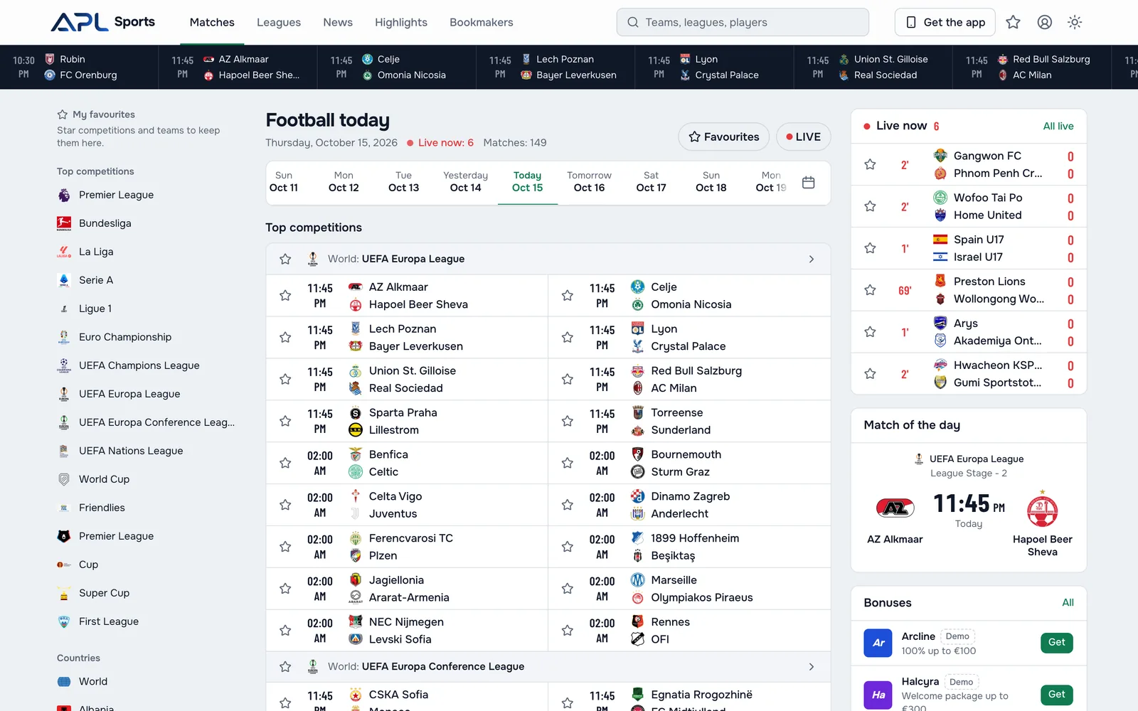 APL Sports на компьютере: футбольные матчи дня